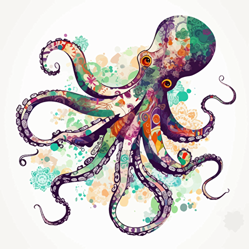 octopus, detailed, cartoon style, 2d clipart vector, creative and imaginative, floral, hd, white background