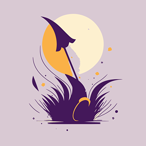 a playful vector logo illustration with a full moon and a witch broom that is like a rocket, minimalist, vector design, purple and silver, flat colors, large file, full res, AI