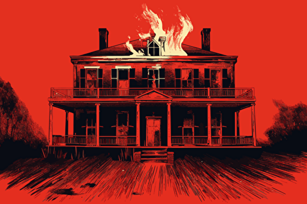 louisiana colonial house engulfed in flames, front view, vector, gritty, detailed, red background,