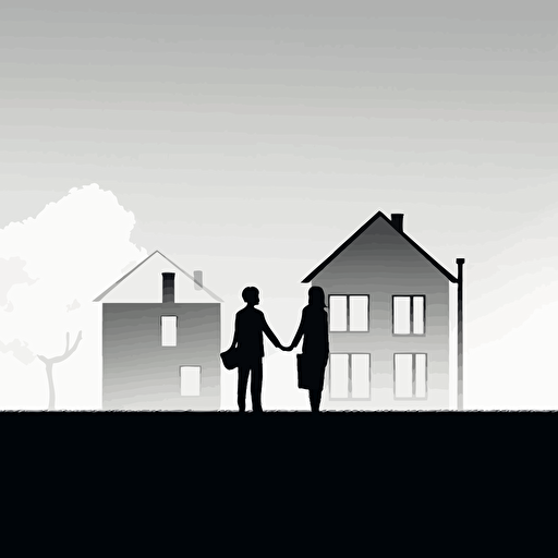 Simple illustration, real estate purchase, deal, math, house, two persons, black and white illustration, pure color background, vector, illustrator,