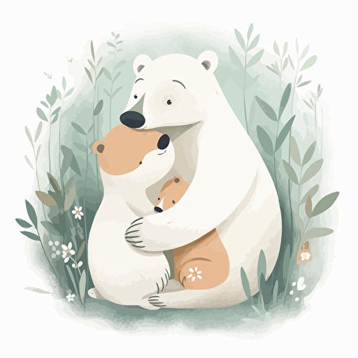 cute, white back ground, vector, children storybook illustration, mama bear hugging her cub