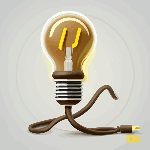 Bronze colored light bulb, in there is a yellow flash, the lower tip of the flash extends by the thread of the bulb as a bronze cable downwards and ends as a white plug, Minimalistic, create vector