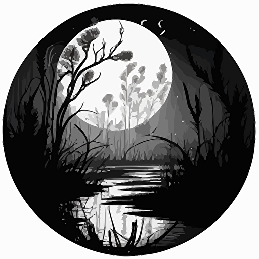 fantastical swamp drawing, monotone, single layer, no shadows, #000000, 700mm diameter perfect circle, black outer border, vector art, night time