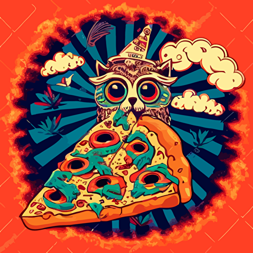 1970s trippy vector illustration of an owl smoking a joint for 420 with pizza and weed pattern background