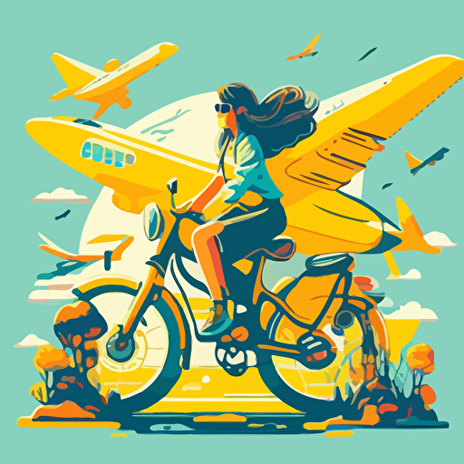 Flat vector style illustrtion girl riding bicycle with plane Mriya flying on the background optimistic scenes of life calm colour palette with blue and yellow color 2D, Malika Favre style