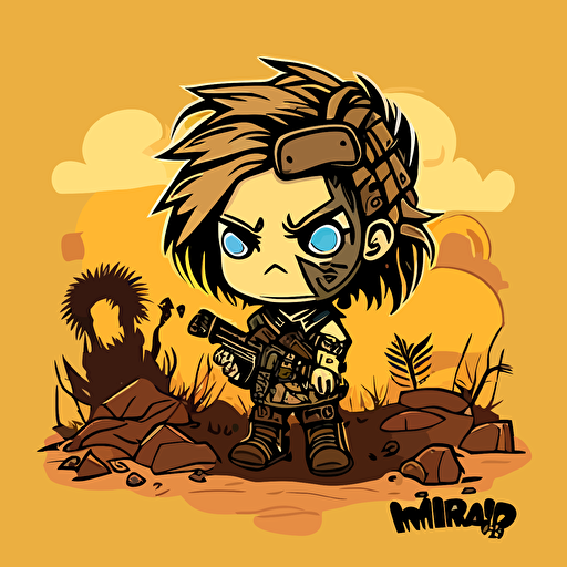 cute post apocalyptic girl, mad max, full wasteland background, chibi style, vector art, sticker