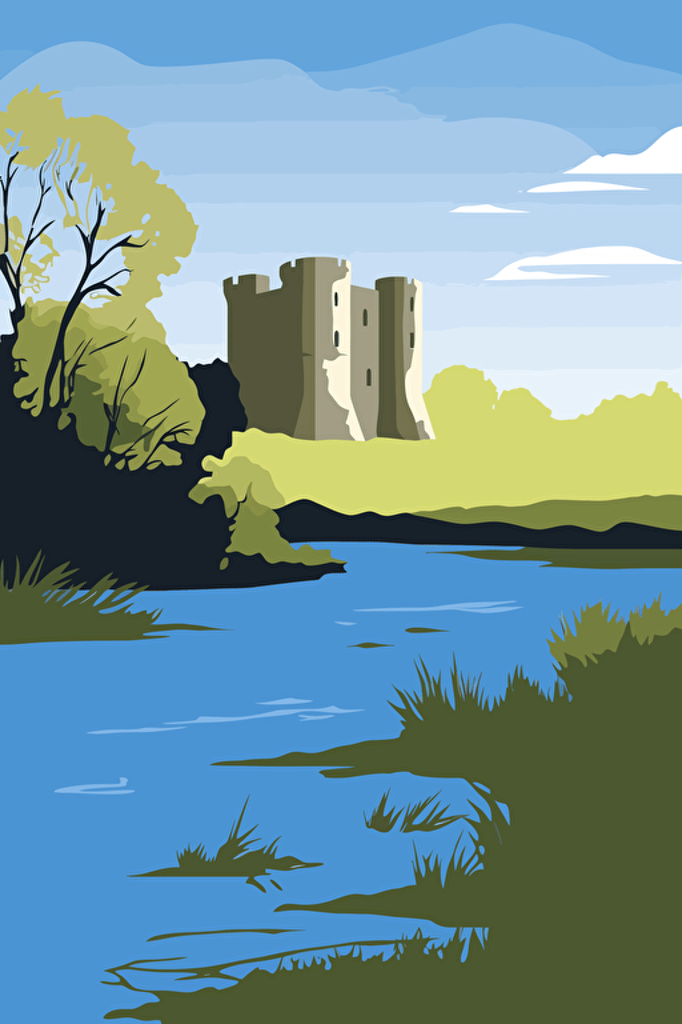 caldicot castle ancient, vector digital art, river, wistful, 1960s, vector art, blue sky,