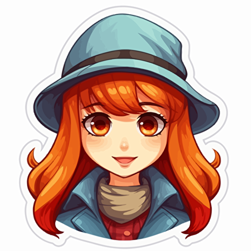 Sticker, Happy Colorful female Sherlock Holmes, long red hair, wearing deerstalker hat, kawaii, contour, vector, white background