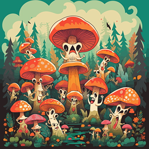 a trippy vector illustration of cute happy trippy mushrooms making a ritual and dancing in the forest