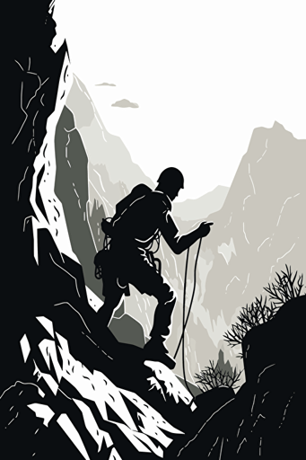 "Performing the Climbing Body: Martyrdom, Apeiron, and Vulnerability in Rock Climbing and Mountaineering Stories," book cover, B&W, white background, abstract, imaginative, flat vector, illustration, full scene,