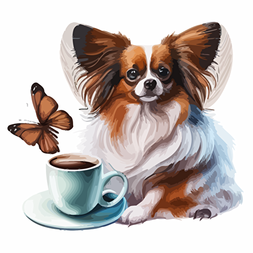 papillon dog with a cup of coffee, vector art logo design, clipart, cartoonistic, white background