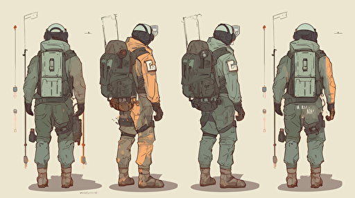 character design, vector illustration, militar, front side back views, 6 panels