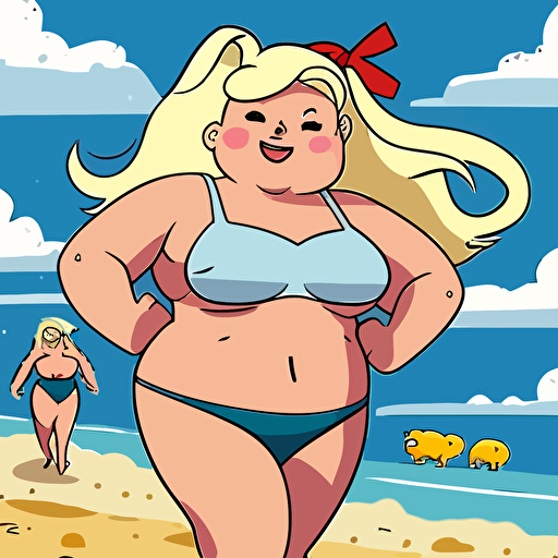 pig, female, baywatch, blonde hair, fun, playful, cartoon, super cute, beach, 2d, vector, flat