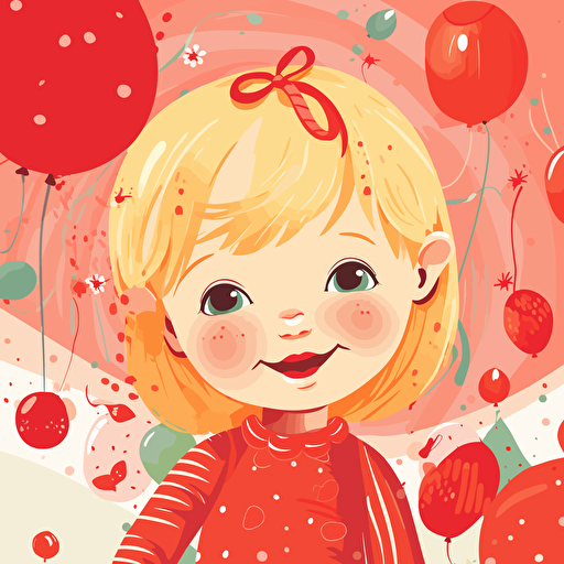 cute vector art illustration for a kids birthday party invitation with a strawberry theme, 1 year old girl with blond hair and blue eyes, 1st Birthday Party, happy mood, cute style, Vivid_Red, Light_Red