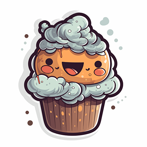 cute cartoon cupcake sticker, vector illustration, in the style of light gray and brown, aggressive digital illustration, fluid form, cloudpunk, tupinipunk, logo, high resolution