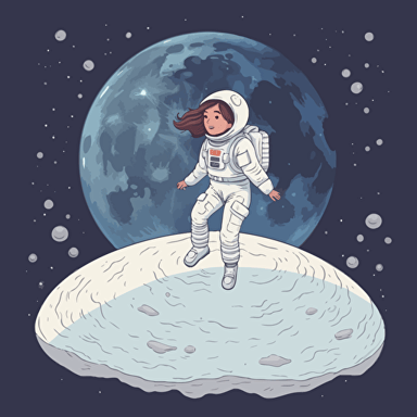 a young girl in a space suit bouncing on the surface of the moon. Stars in the distance. Vector illustration.