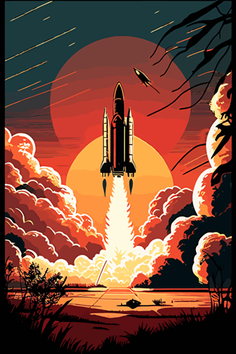 Rocket launching with sunset in background, 1970's style vector art
