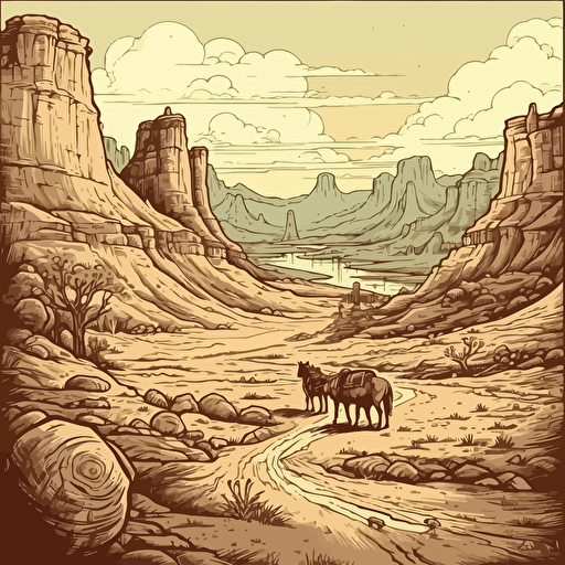 digital illustration western landscape, light colors, vector, contour