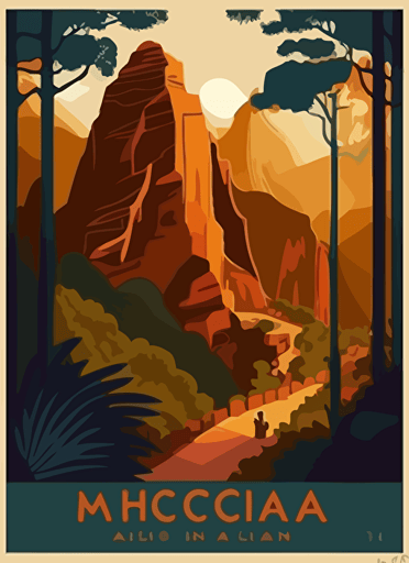 Experience the mystical allure of Machu Picchu with an adventurous travel poster. Warm earthy tones and alluring lighting create a sense of wonder and excitement, inviting you to explore this ancient Incan city. Travel poster, vector flat illustration.