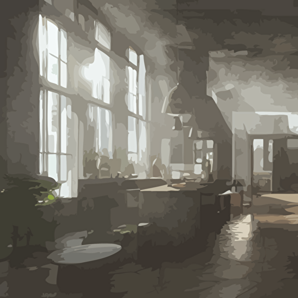 ecopunk kitchen liminal space high detail rendered unreal engine 3d render god rays volumetric lighting hdr subsurface scatter mansion interior large windows rich house