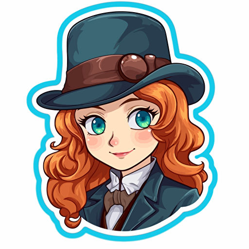 Sticker, Happy Colorful female Sherlock Holmes, long red hair, blue eyes, kawaii, contour, vector, white background