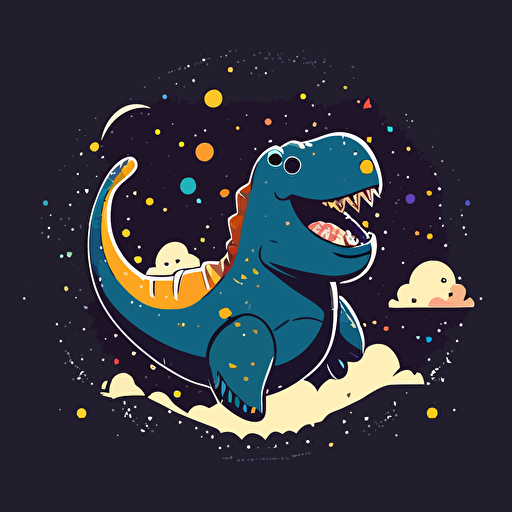 Cute Dinosaur floating in space surrounded by stars and galaxies, cute happy smiling adorable, vector illustration style