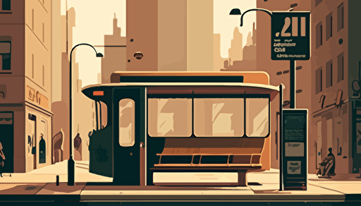 a sherphard fairey illustration of a bus stop in the middle of an urban street, the bus stop is facing the audience at a flat angle, vector,