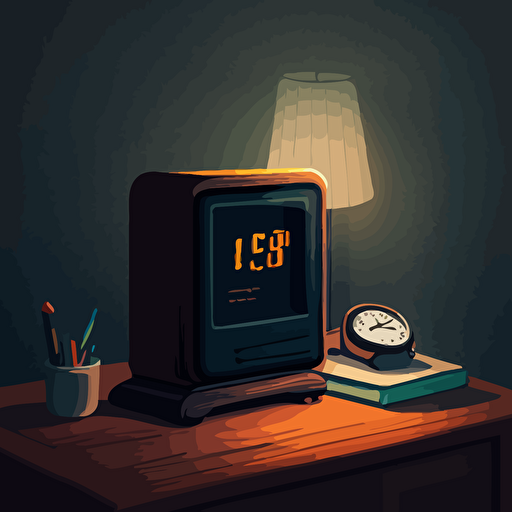 illustration of a nightstand with a digital alarm clock. Vector. Moody. Detailed