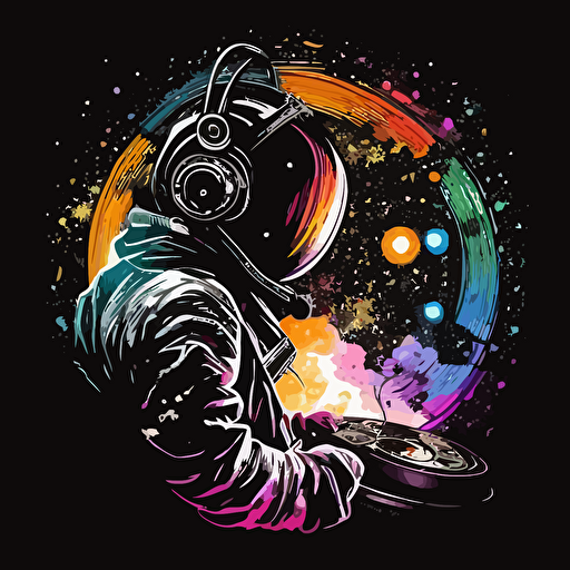 a dj astronaut with a galaxy pattern vinyl record on black background, 2d vector