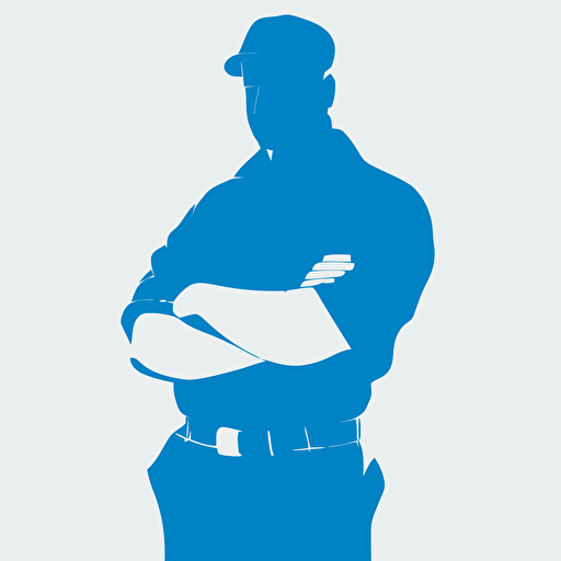 silhoette of professional tradesman, arms crossed, blue color, white background, simple design, vector style
