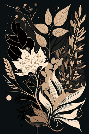 neutral black and beige abstract botanical illustration, vector