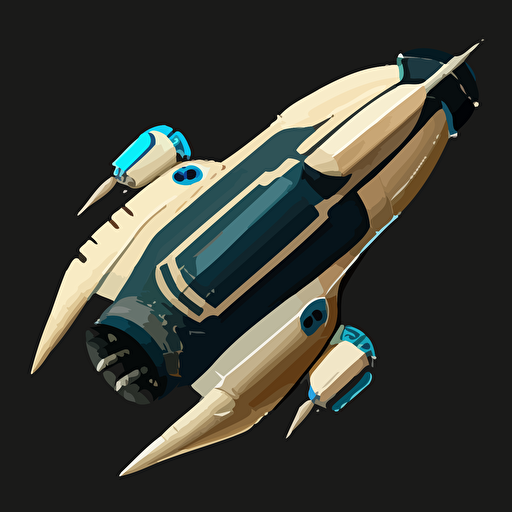 space ship on black background, blue with beige accents, top-down view, clean, simple, no shadows, vector