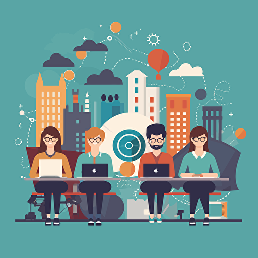 college of the future with students using new technology, vector illustration