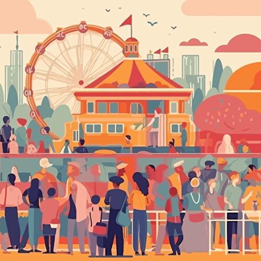 Lots of people are queuing at the ticket office for rides. in the background is a circus, a ferris wheel and a rollercoaster. Children's illustration. Pastel, warm colors, vibrant, colorful, vector illustration