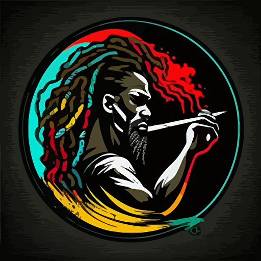 Circular vector logo with a african painter holding a paint brush with long dreadlocks mustach, goatee, black background, creative style