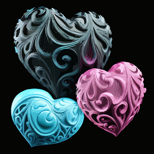 a pink heart, a baby blue heart and a chrcoal heart, fancy, vector