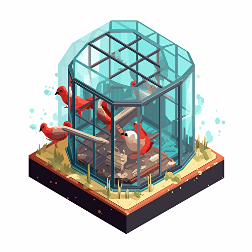 isometric cartoon vector image of a broken aviary cage with no birds inside, transparent background