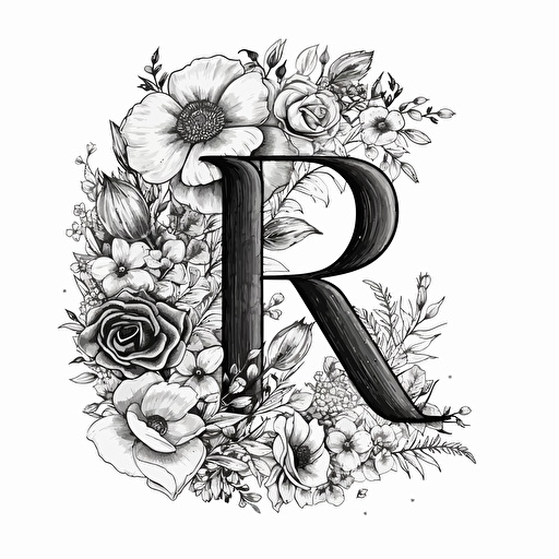 letter R logo, cute, flowers, excessive detail, black white, no background, white background, vector