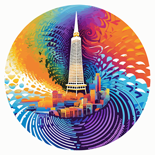 16 colors, colorful vector art, san francisco transamerica pyramid in a galaxy, swirl patterns, white background