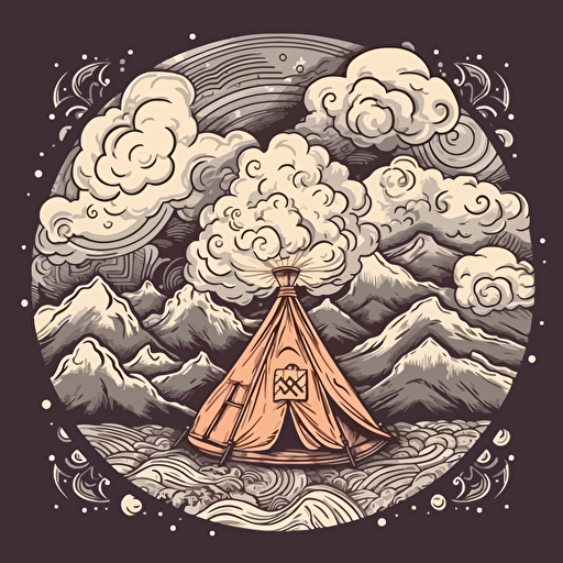 rolling mountains, single tent, campfire atmospheric clouds vector doodles ilustration minimalistic sacred geometry in a circular pattern, angelic