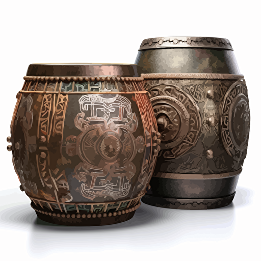 Chinese minority and Zhuang bronze drums with decorative patterns, flat surfaces, and detailed vector images