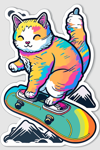 sticker with outline, snowboarding cat, cute, snow mountain, 1980s studio ghibli style, flact vector art, bright colors,