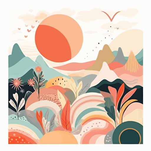 boho abstract landscape with sun and moon, pastel, 2d flat vector, flat colours, on a white background