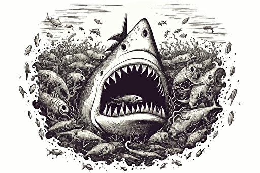 a retro style vector illustration of a shark surrounded by a kraken. White background, black illustration. Negative space around the outside.