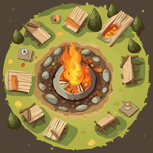 birds eye view of a campfire, vector