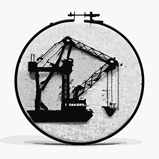 port, portal crane, white background, vector, minimalism, black thread embroidery