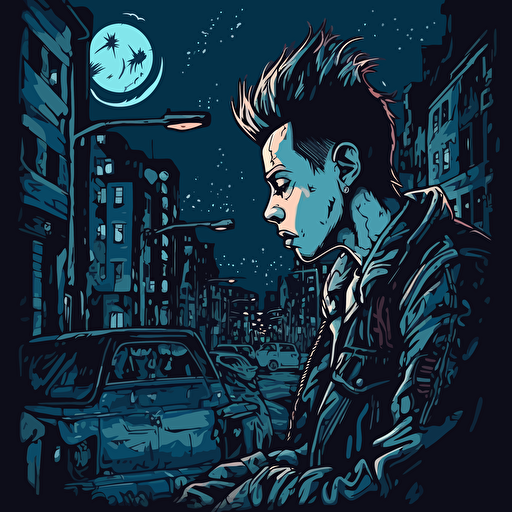 Depressed punk in city at night,Horror, Sticker, 80s horror comic art, Vector,