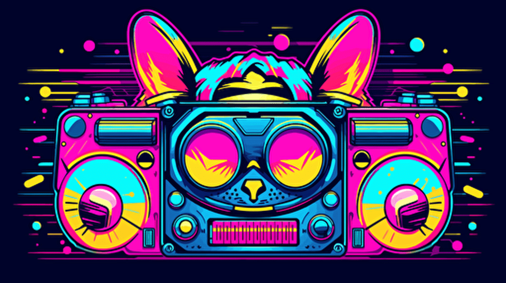 team logo of boom box, vector, high res, lisa frank color palette