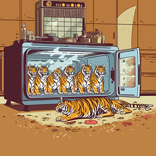 countertop smart oven surrounded by a team of tigers, vector art