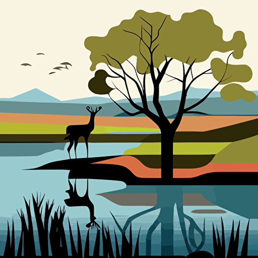Pond, Tree, Deer, Simple, Vector, De Stijl